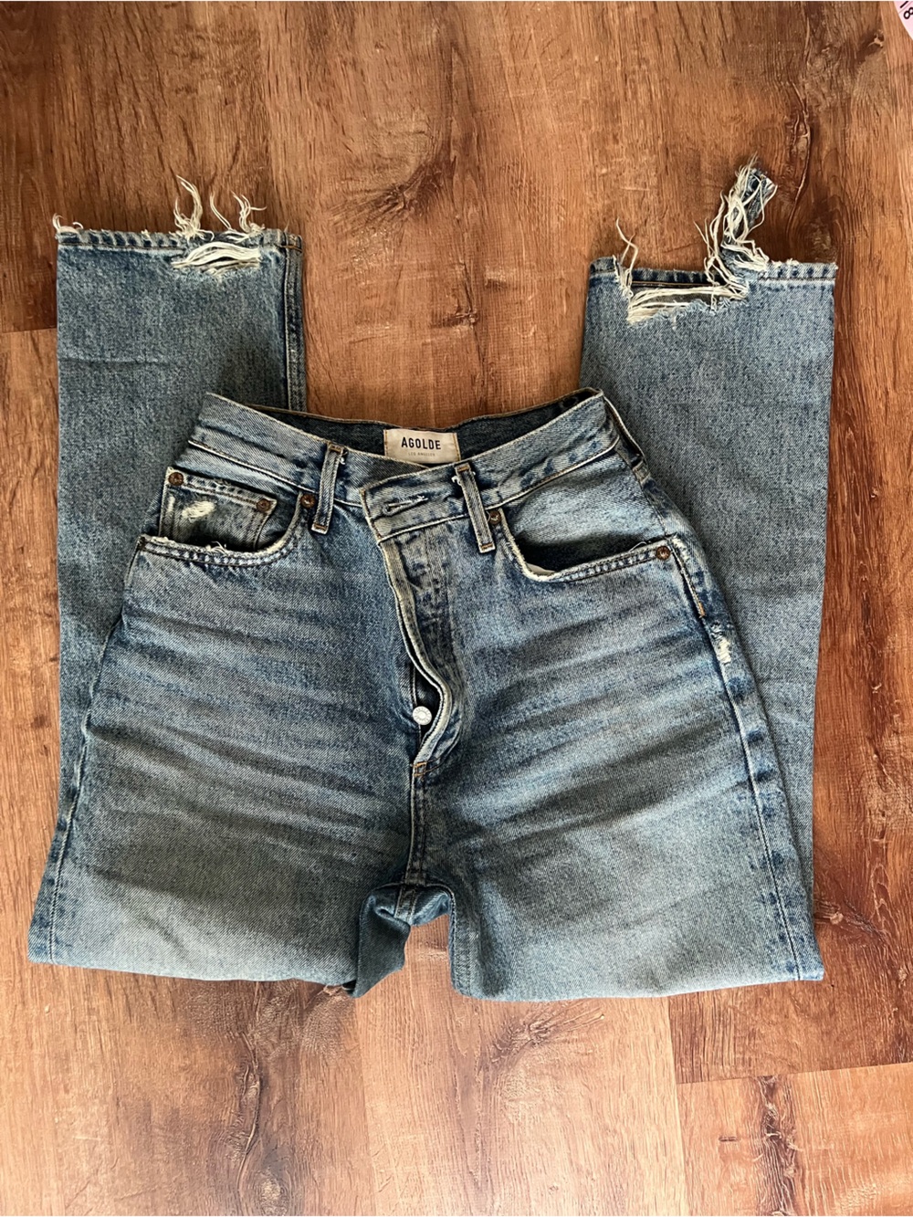 AGOLDE High-Rise Distressed Straight Jeans — Light Blue Denim